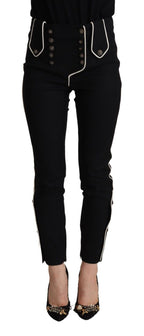 Dolce & Gabbana Black Mid Waist Button Embellished Slim Fit Pants