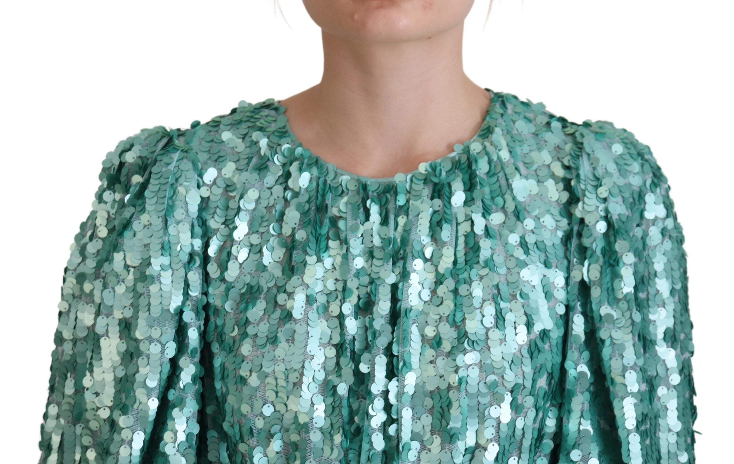Dolce & Gabbana Blue Sequined Pleated Aline Midi Nylon Dress