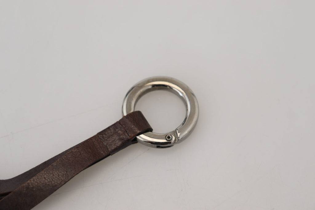 Costume National Brown Leather Silver Tone Metal Keyring Keychain