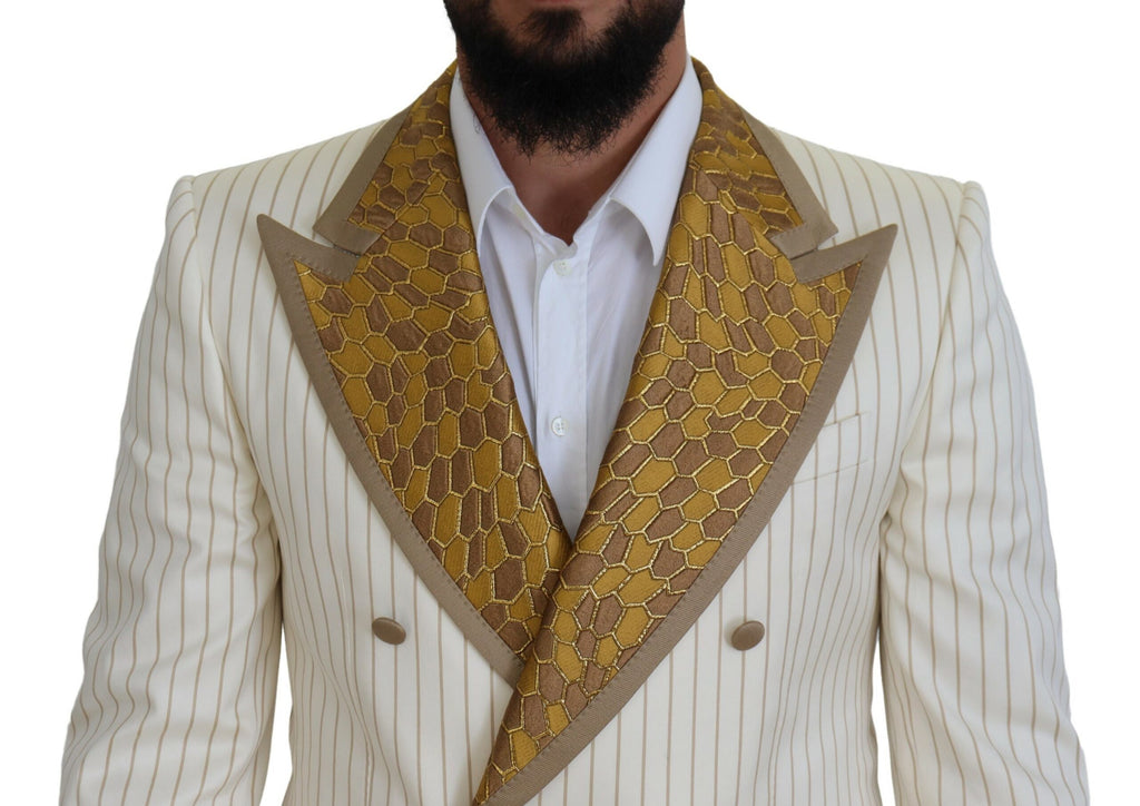 Dolce & Gabbana Off White Gold Striped Tuxedo Slim Fit Suit