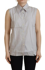 Ferre Light Gray Stripes Cotton Sleeveless Collared Top