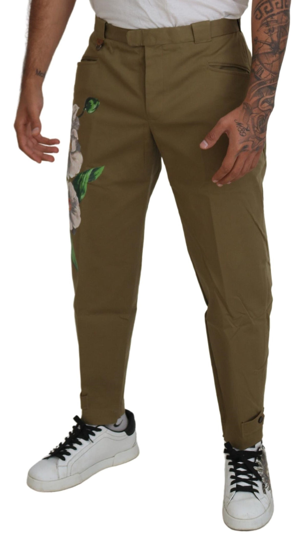 Dolce & Gabbana Beige Cotton Stretch Floral Chinos Pants