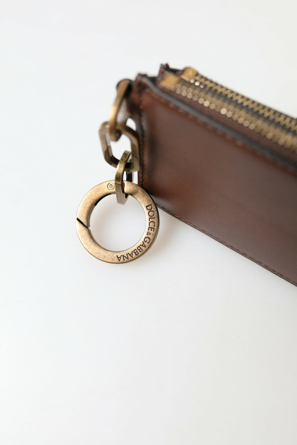Dolce & Gabbana Brown Leather Zip Logo Keyring Coin Purse Wallet