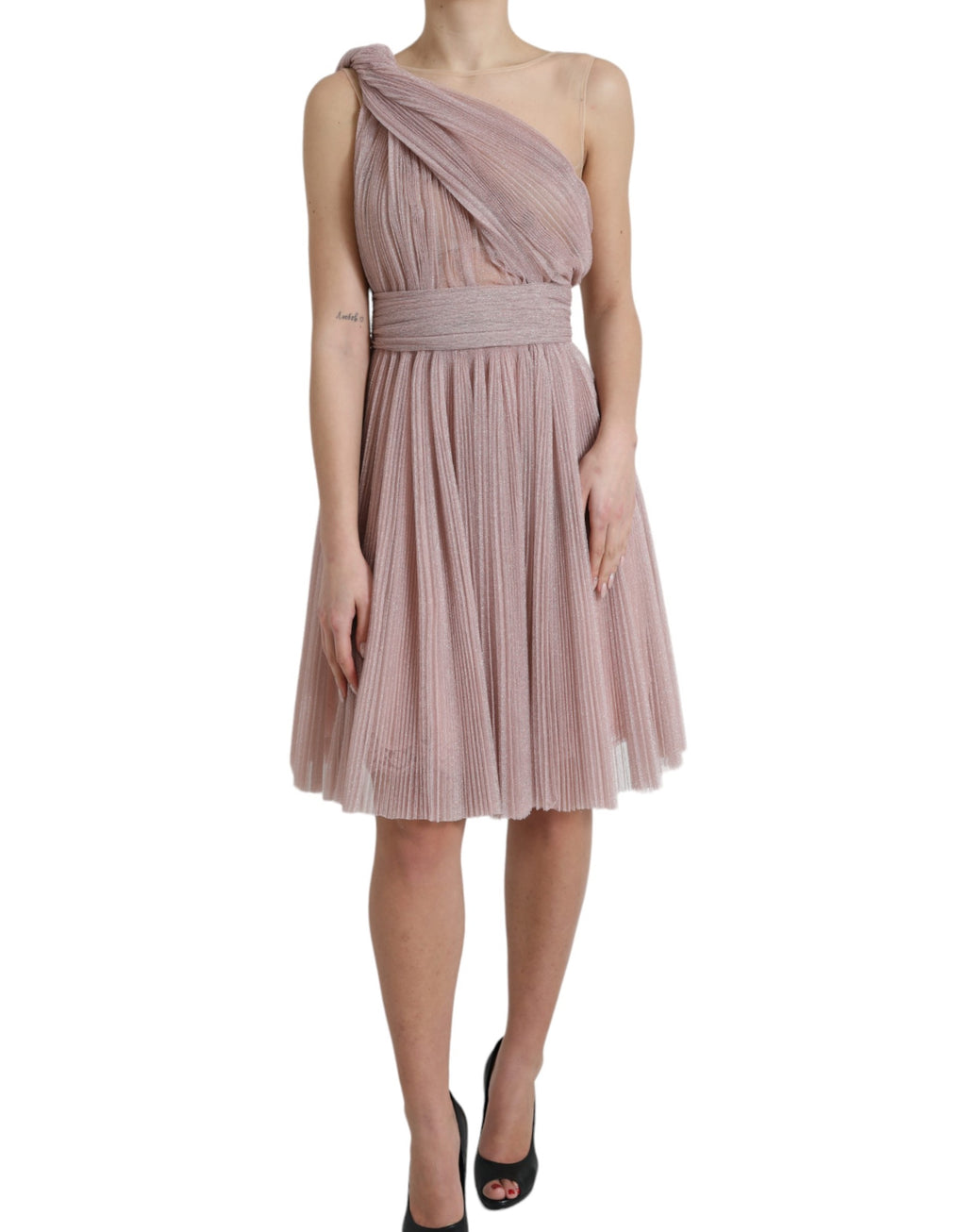 Dolce & Gabbana Light Lilac Pleated Lame Tulle One Shoulder Dress
