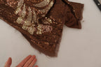 Dsquared² Brown Leaf Sequined Shift One Shoulder Long Dress