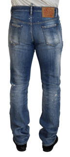 Dsquared² Blue Washed Tattered Straight Fit Casual Denim Jeans