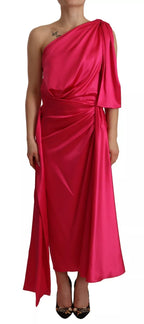 Dolce & Gabbana Silk Pink Fitted Cut One Shoulder Midi Dress