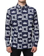 Dolce & Gabbana Blue Crown Logo Print Slim Fit Cotton Shirt