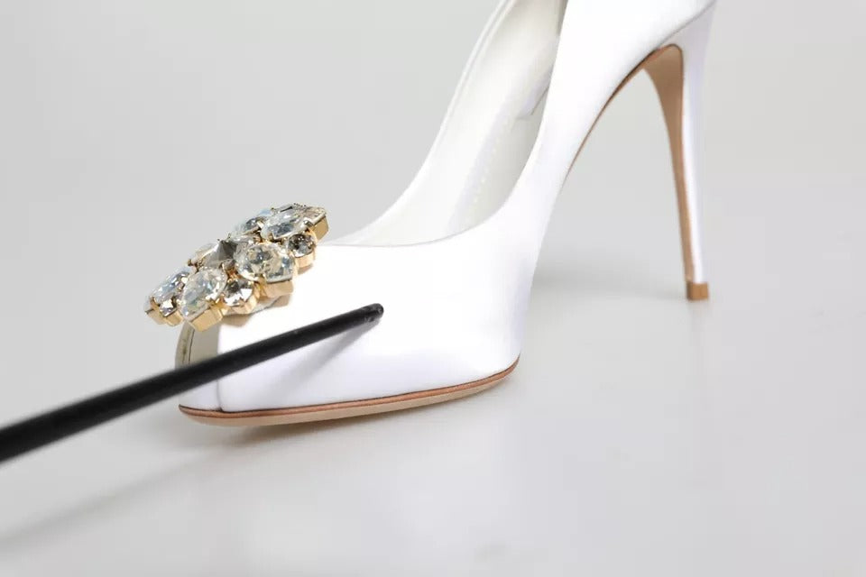 Dolce & Gabbana White Crystals Peep Toe Satin Pumps Shoes