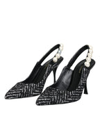 Dolce & Gabbana White Black Chevron Faux Pearl Slingback Shoes