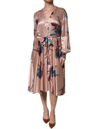 L'Autre Chose Pink Satin Floral Long Sleeves A-line Midi Dress