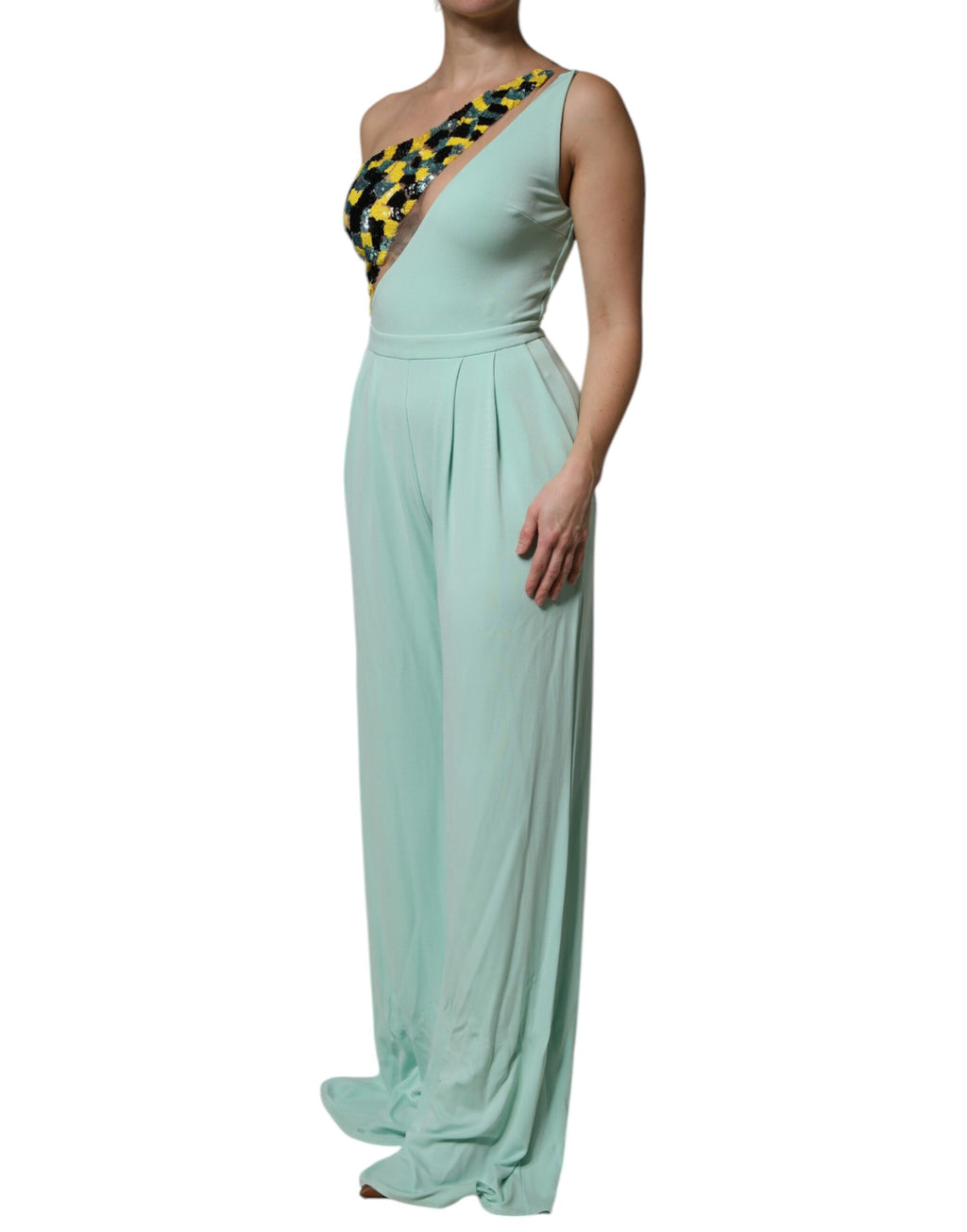 Elisabetta Franchi Mint Green One Shoulder Long Jumpsuit Dress