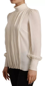 Dolce & Gabbana Off White Silk Long Sleeve Turtle Neck Top