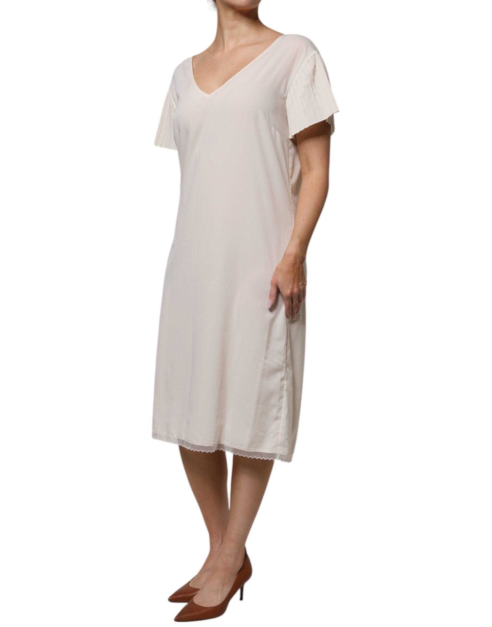 Peserico Off White Short Sleeves V-neck Shift Midi Dress
