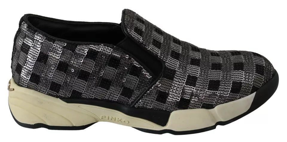 PINKO Silver Black Slip-on Sequence Design Sneakers Shoes