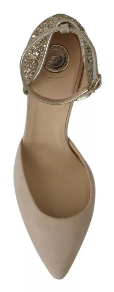 Elisabetta Franchi Beige Linen Ankle Strap High Heels Shoes