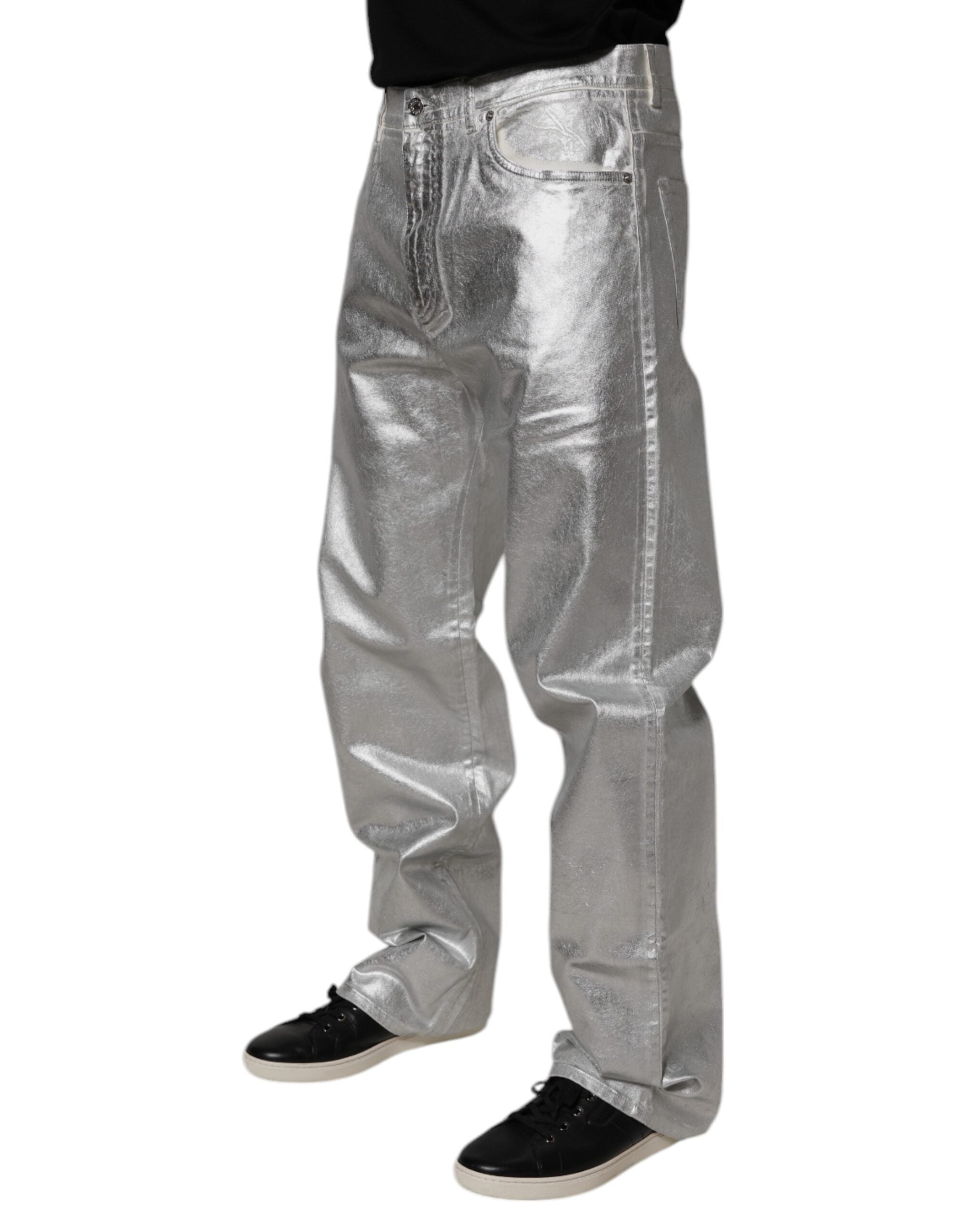 Dolce & Gabbana Metallic Silver Cotton Straight Denim Jeans