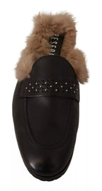 Peserico Black Leather Fur Perforated Slip On Flats Shoes
