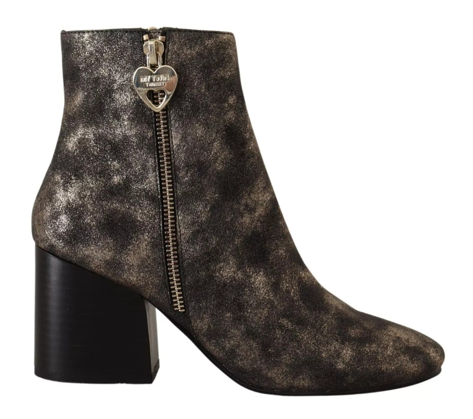 MY TWIN Black Leather Block Heels Ankle Boots Zipper Shoes