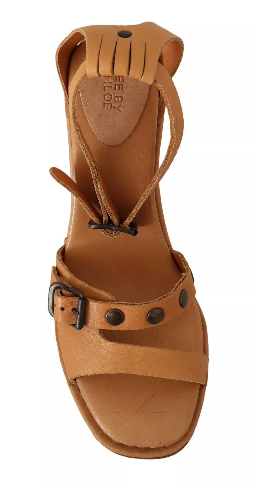 See By Chloé Brown Leather Studded Ankle Strap Sandals Shoes