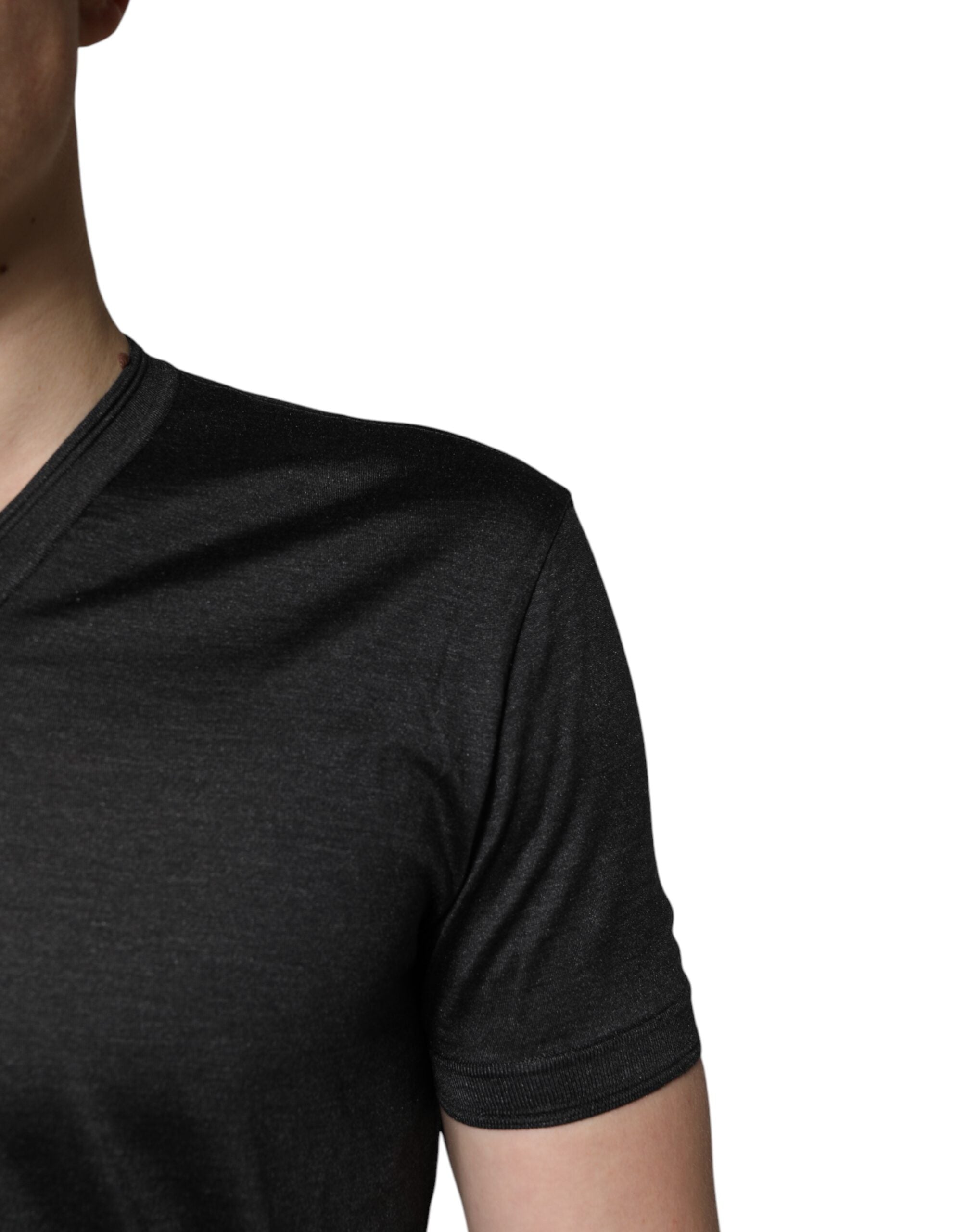 Dolce & Gabbana Dark Gray Silk V-neck Short Sleeves T-shirt
