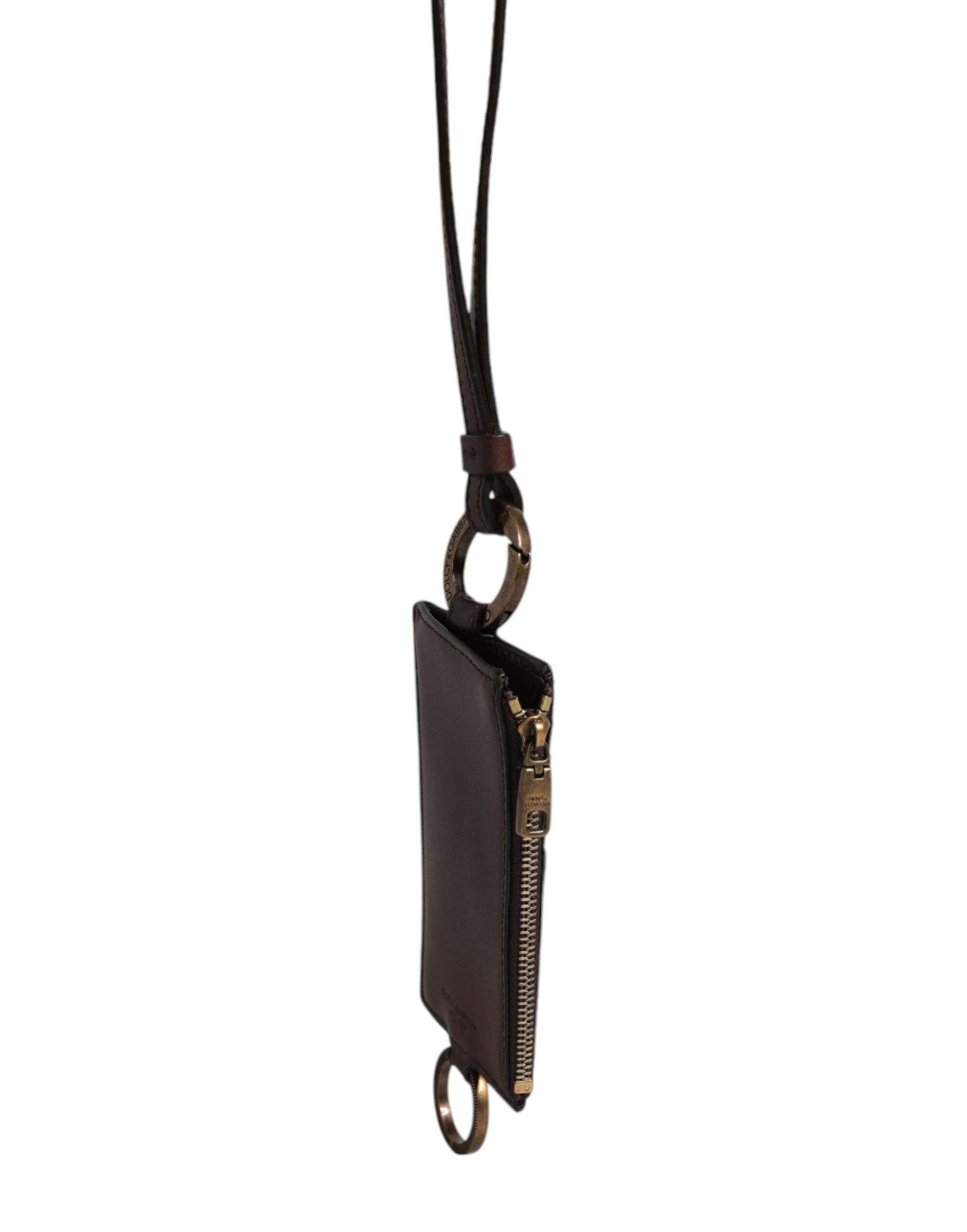 Dolce & Gabbana Brown Calf Leather Lanyard Logo Card Holder Wallet