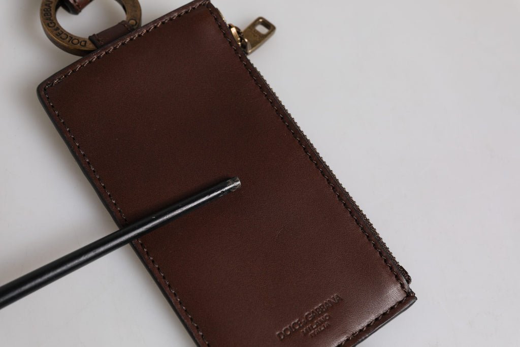 Dolce & Gabbana Brown Calf Leather Lanyard Logo Card Holder Wallet