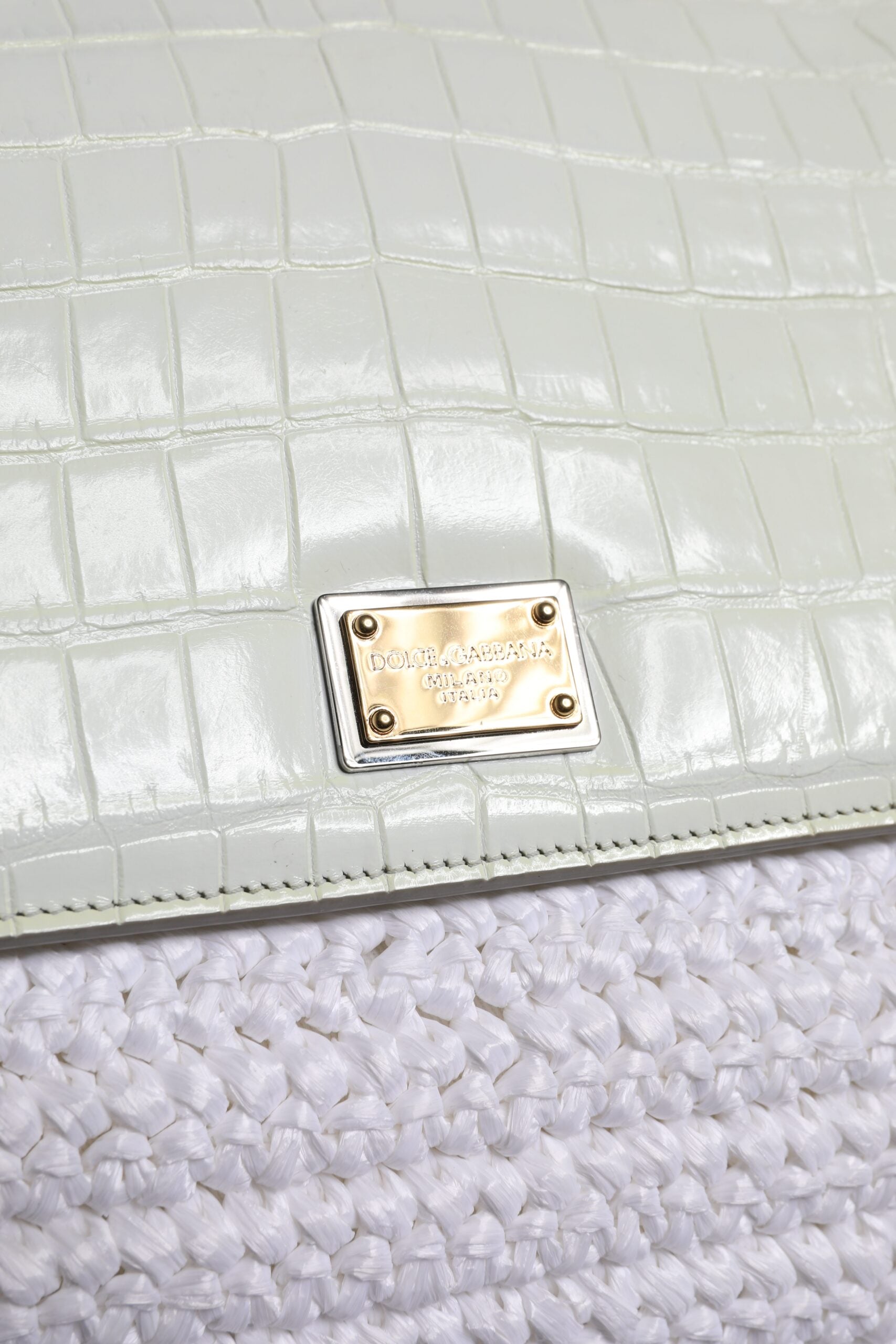 Dolce & Gabbana White Rafia Leather Top Handle Crossbody Bag