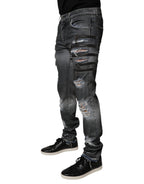 Dolce & Gabbana Dark Gray Tattered Cotton Skinny Denim Jeans