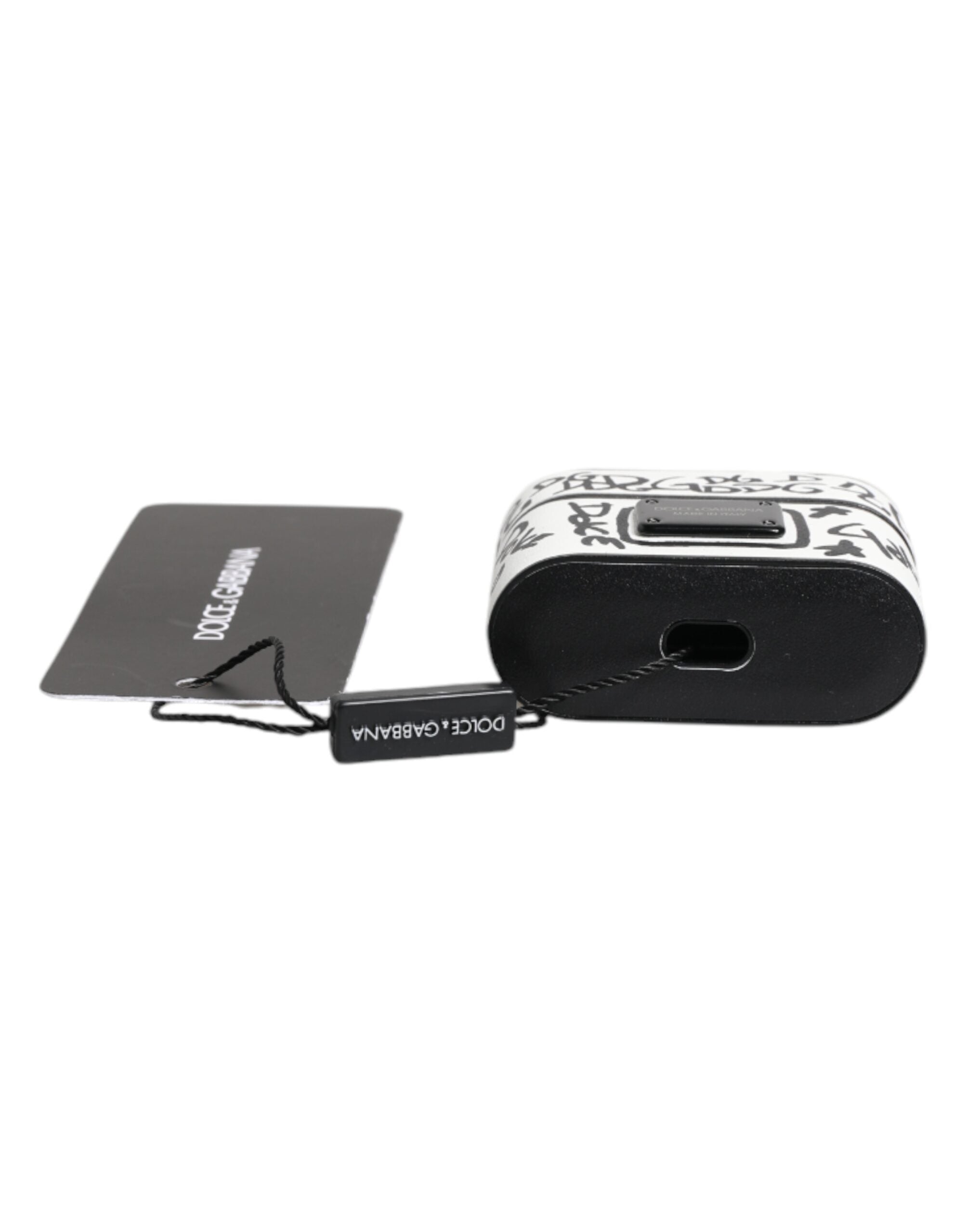 Dolce & Gabbana Black White Leather Scribble Embossed Logo Airpods Case