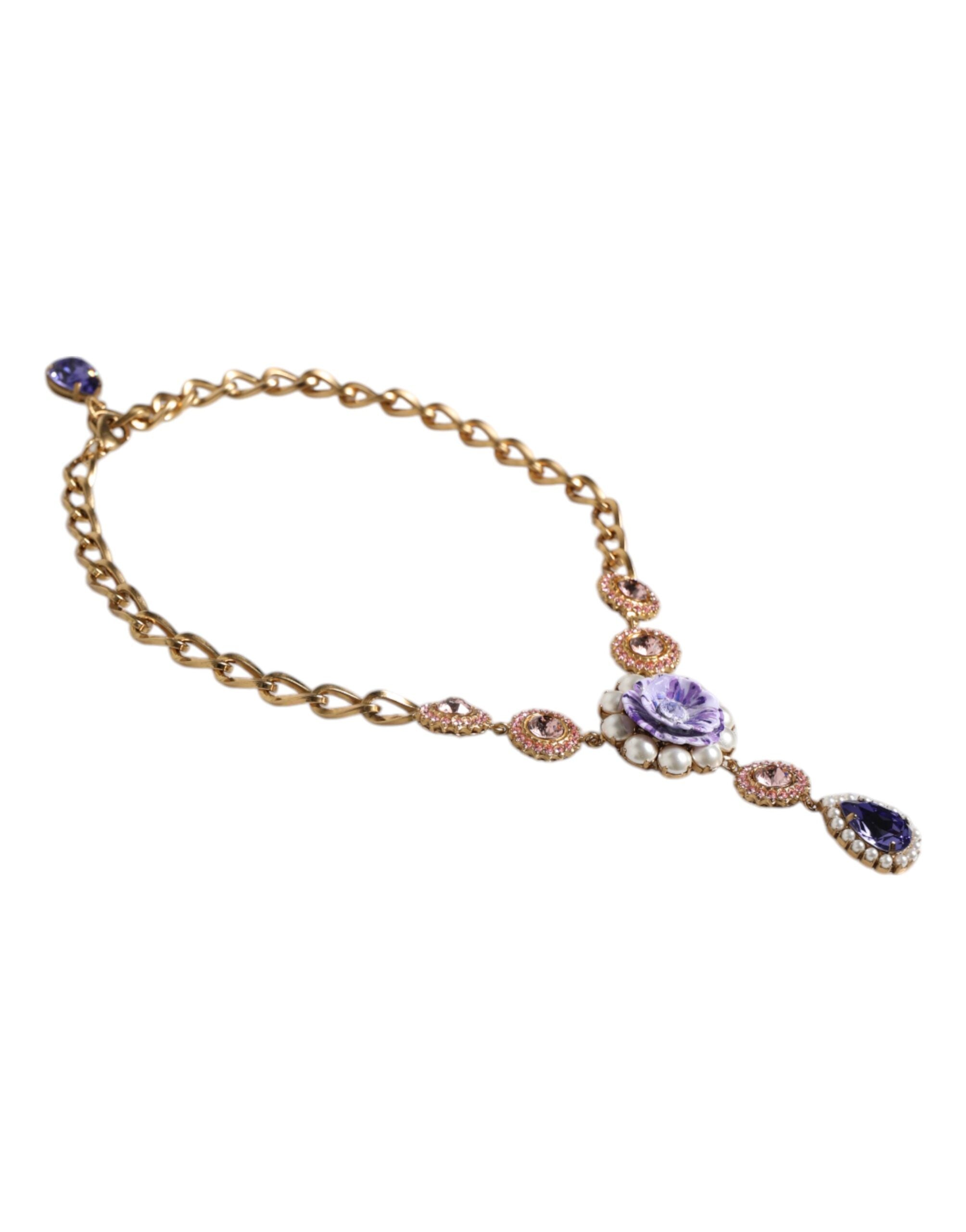 Dolce & Gabbana Gold Brass Floral Crystals Pearl Embellished Necklace