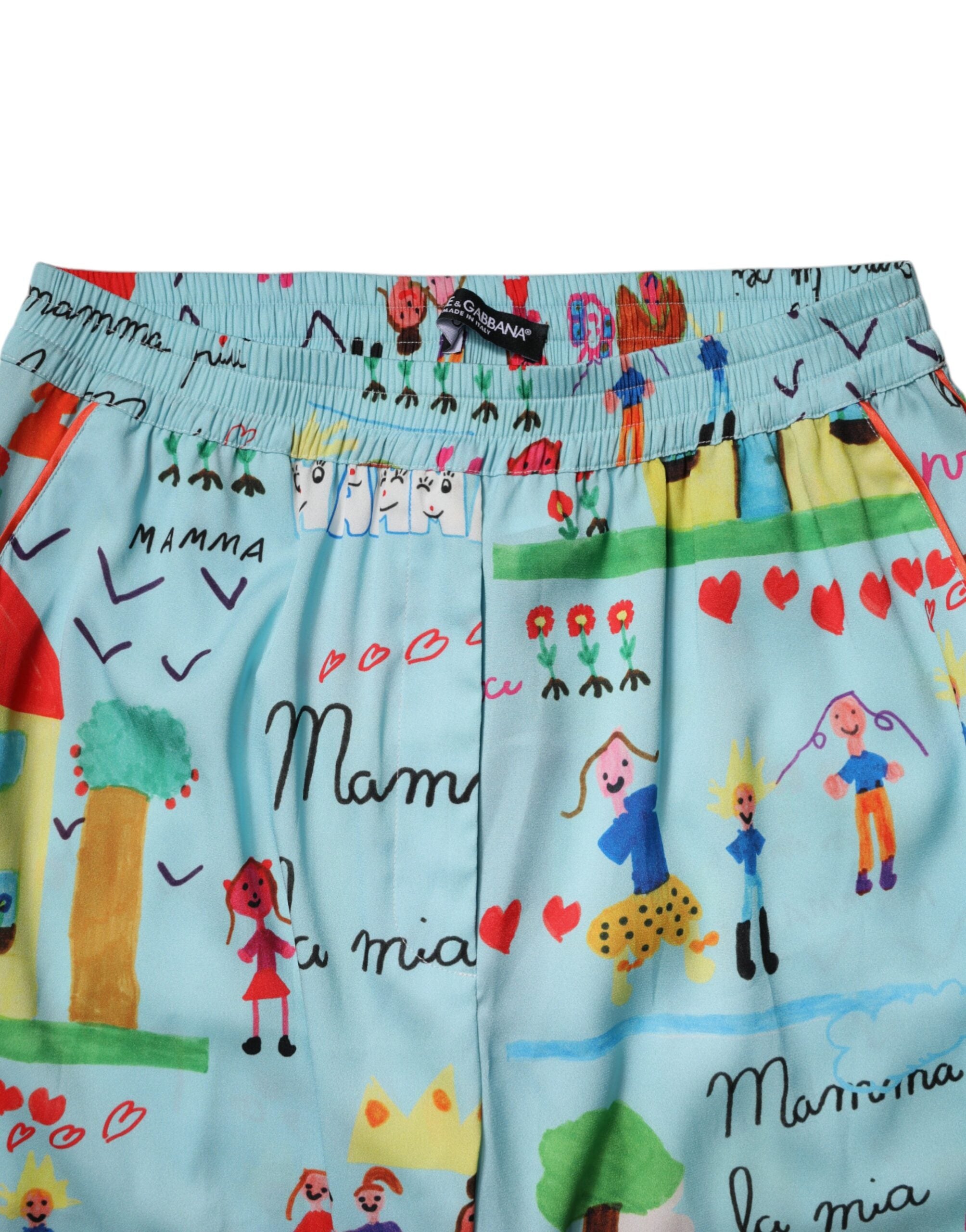 Dolce & Gabbana Light Blue Drawing Mid Waist Wide Leg Pants