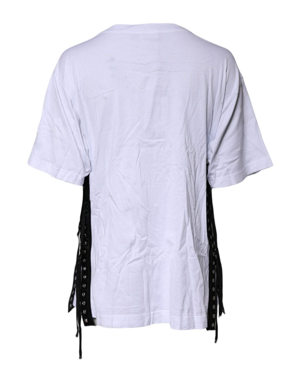 Dolce & Gabbana White Print Lace-Up Cotton Crew Neck T-shirt
