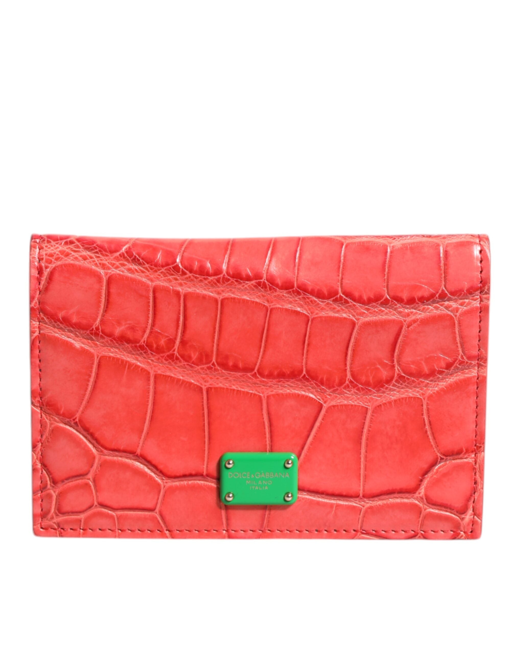 Dolce & Gabbana Red Exotic Leather Logo Plaque Card Holder Wallet