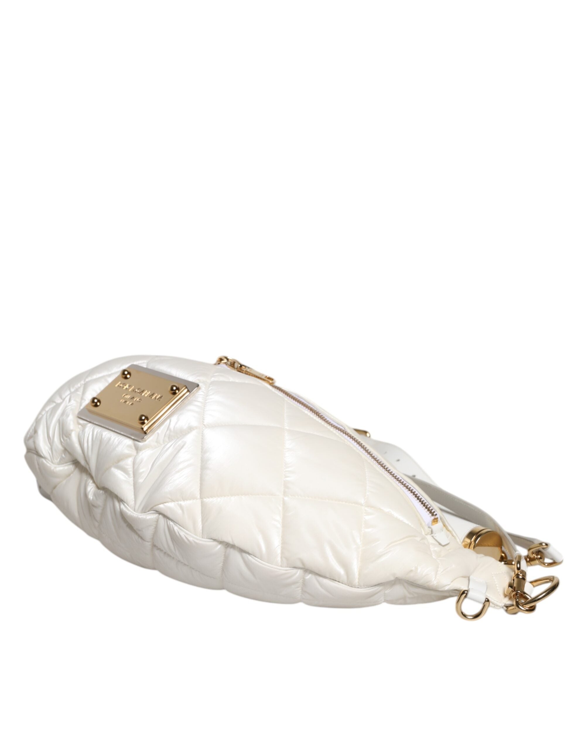Dolce & Gabbana White Quilted Logo Plaque Belt Waist Fanny Pack Bag