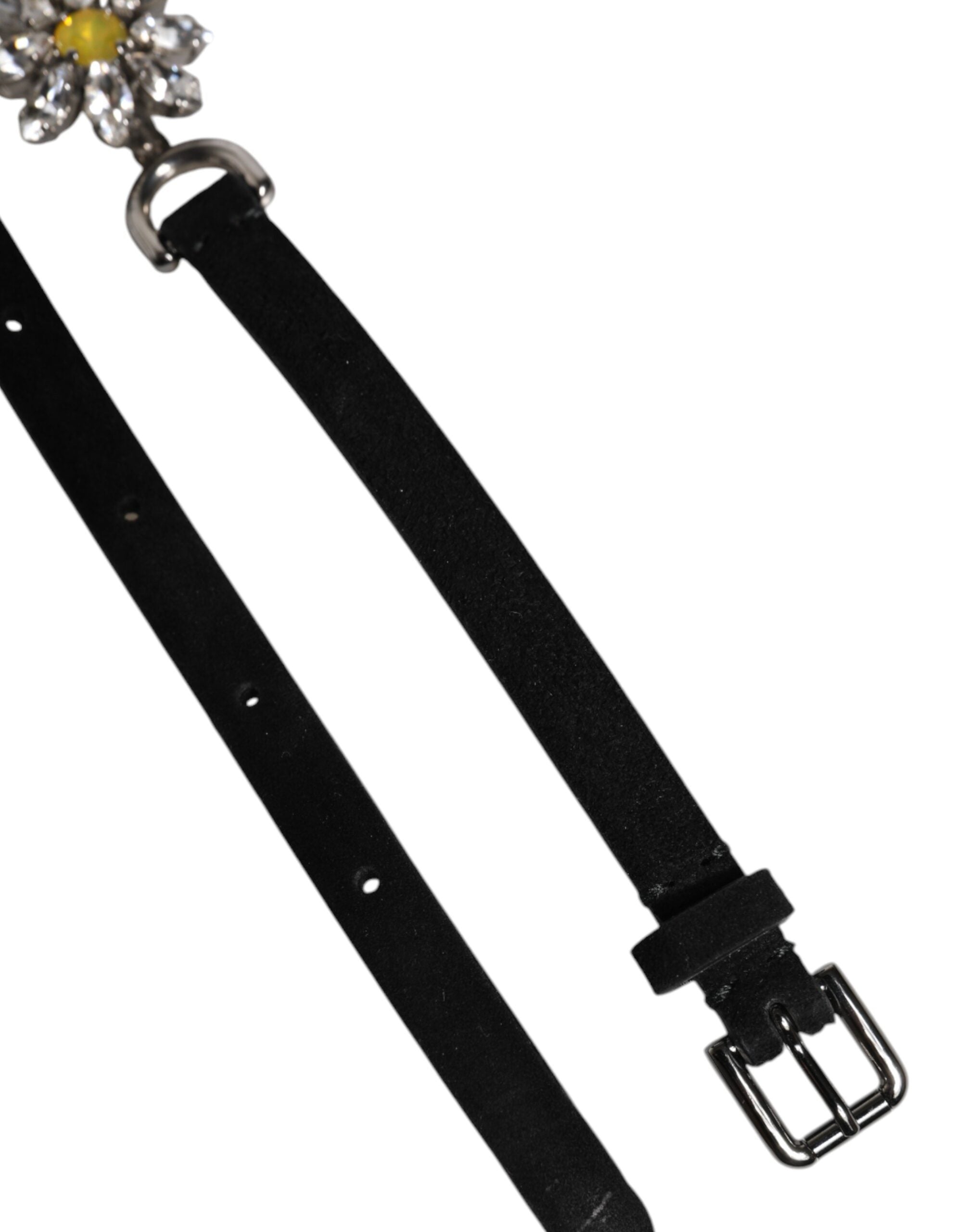 Dolce & Gabbana Black Leather Daisy Crystal Embellish Waist Belt