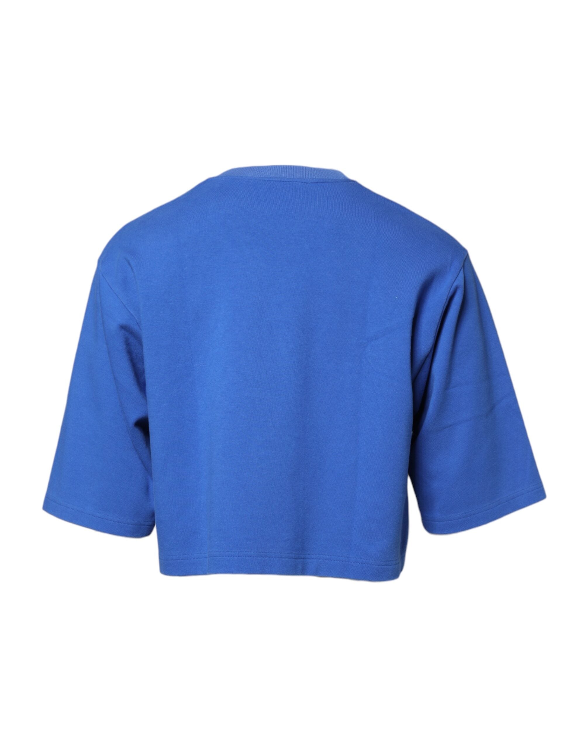 Dolce & Gabbana Blue Printed Cotton Cropped Crew Neck T-shirt