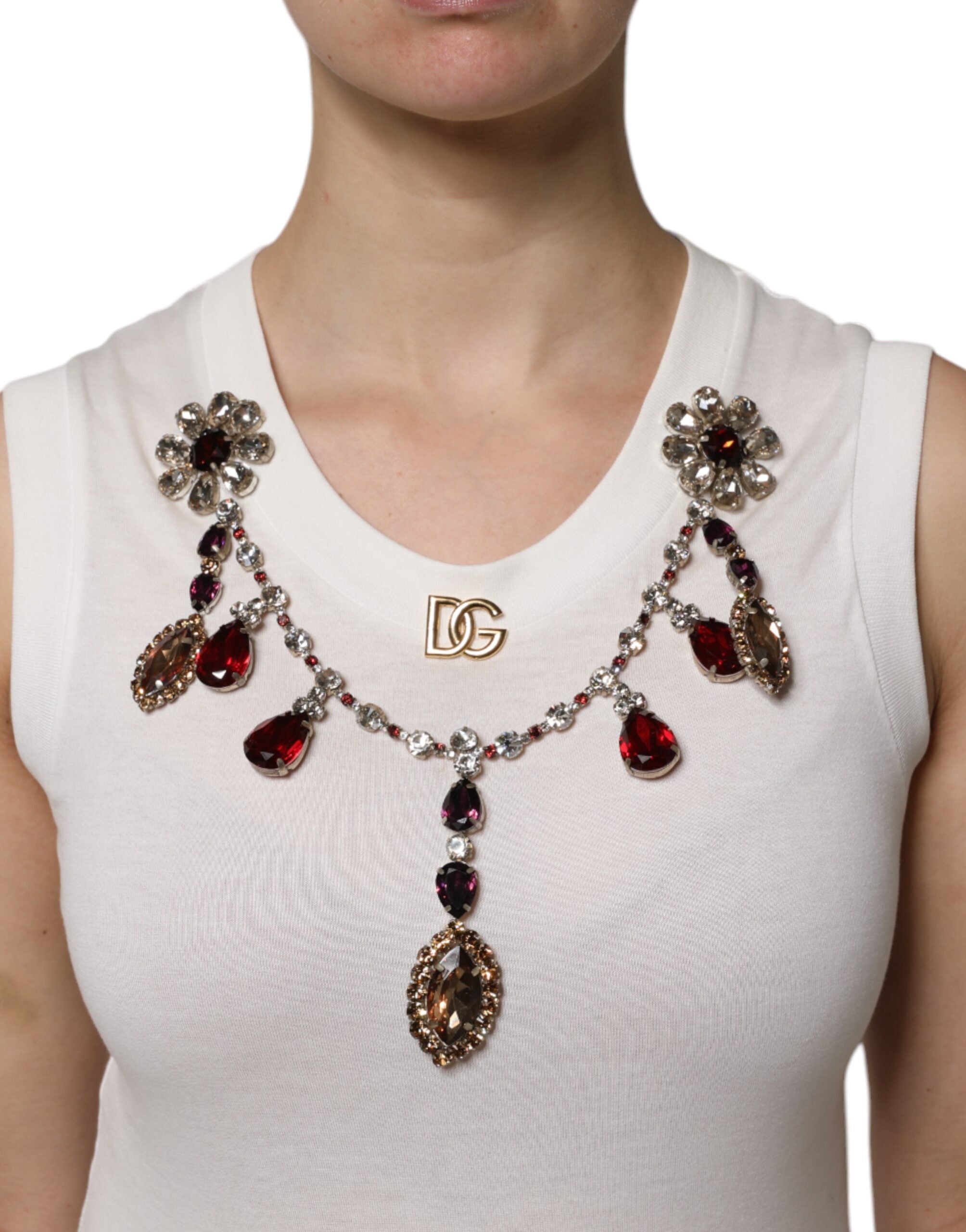 Dolce & Gabbana White Cotton Logo Crystal Detailing Tank Top