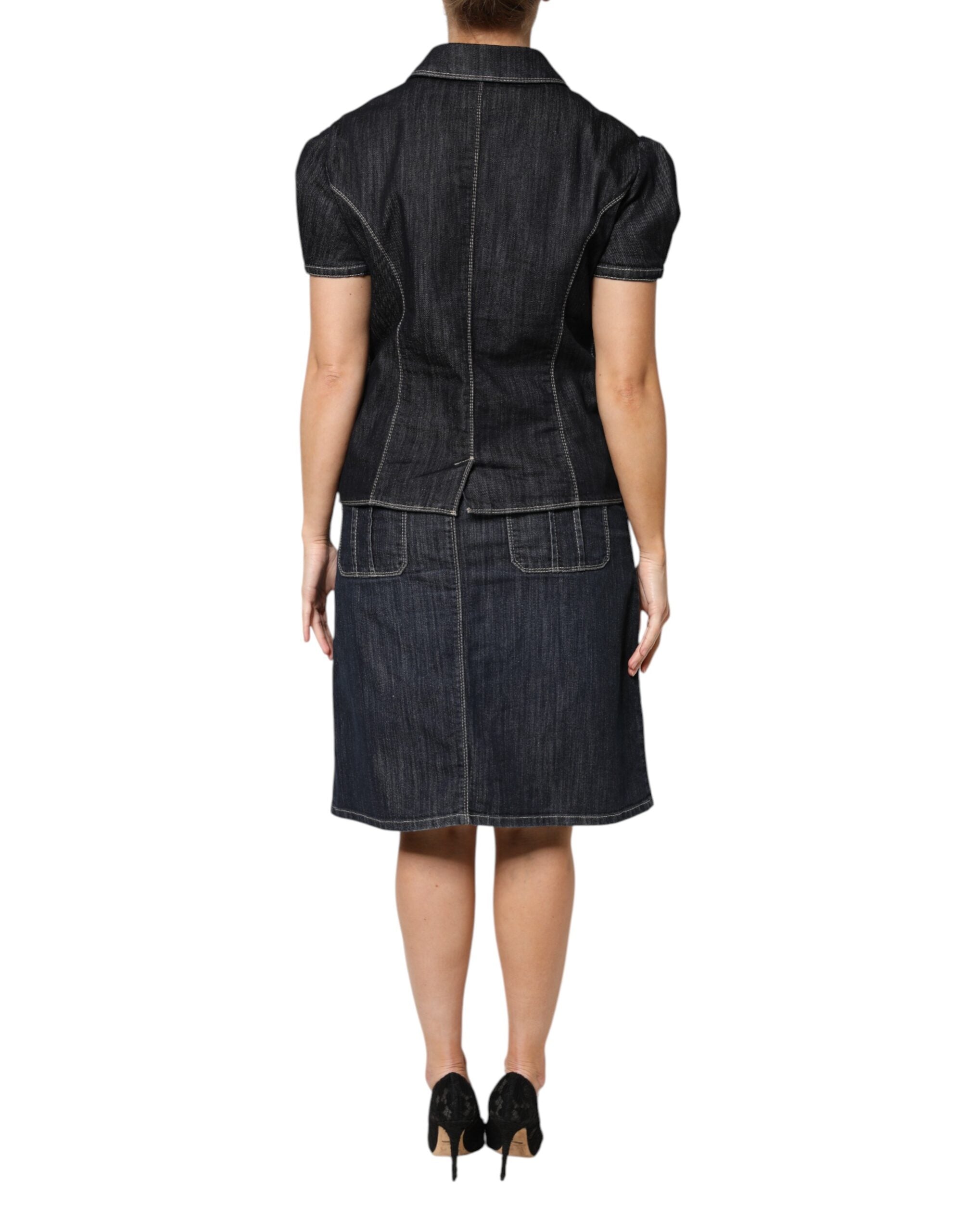 Escada Black Cotton Blend Denim Top Skirt Casual Set
