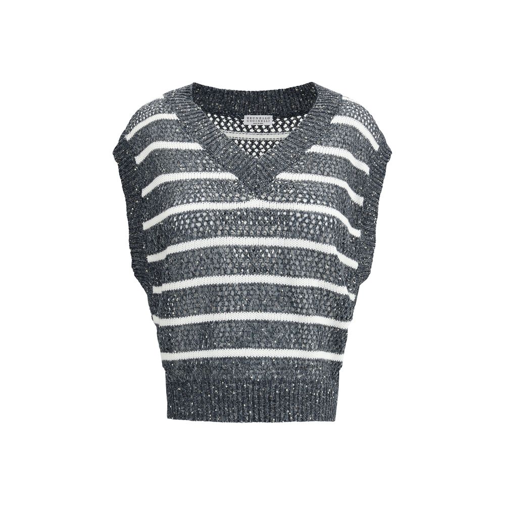 Brunello Cucinelli Blue Linen Sleeveles Sweater
