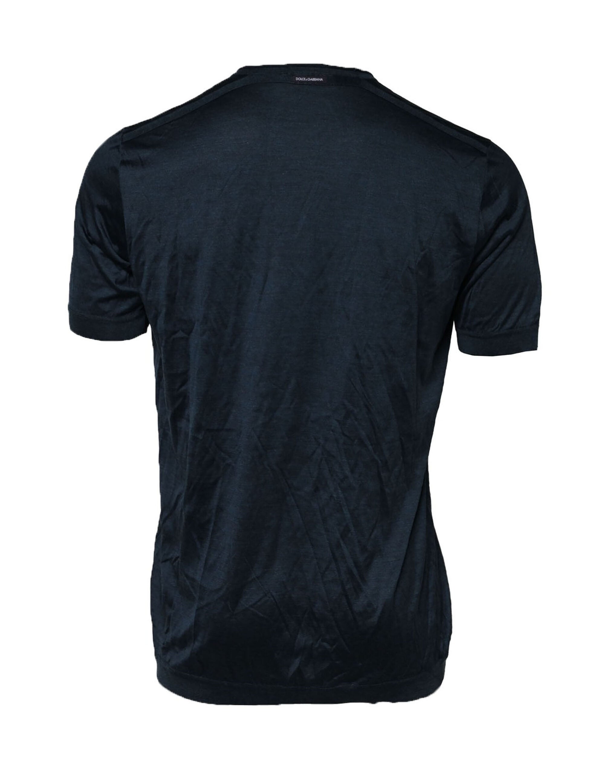 Dolce & Gabbana Dark Blue Silk Logo Patch Crew Neck T-shirt
