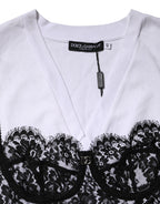 Dolce & Gabbana White Lace Cotton V-Neck Short Sleeves Top