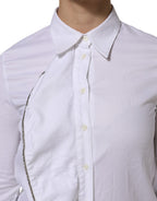 AGLINI White Cotton Collared Long Sleeves Ruffle Top Shirt