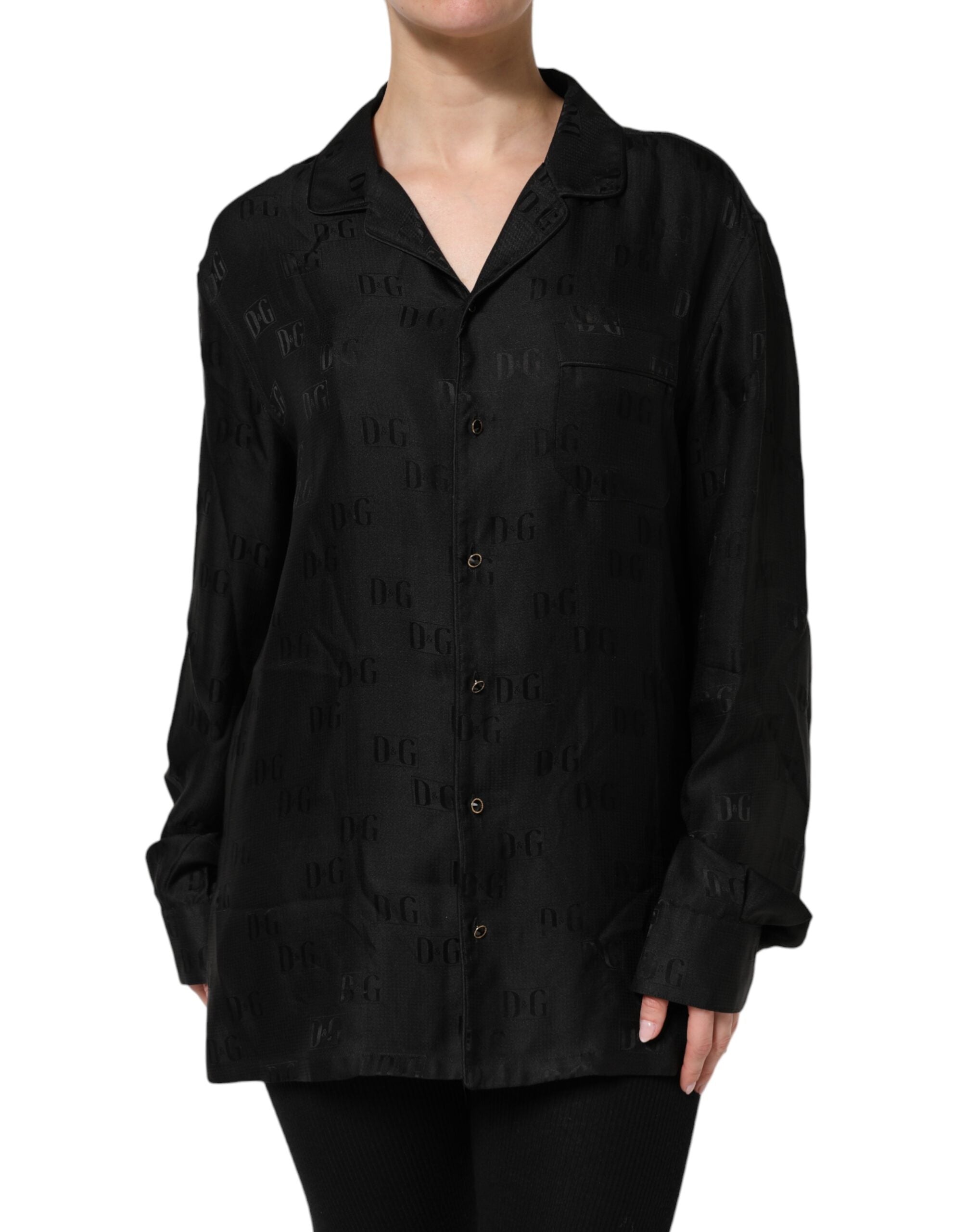 Dolce & Gabbana Black Silk DG Embroidery Long Sleeves Top
