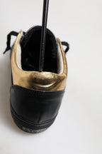 Leather Crown Black Gold Lace Up Low Top Women Sneakers Shoes
