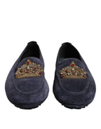 Dolce & Gabbana Blue Suede Crown Crystal Loafers Dress Shoes
