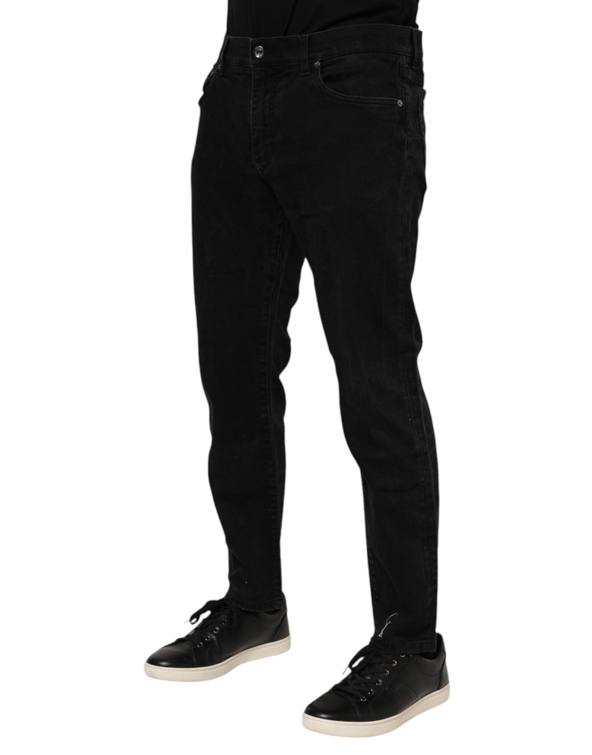 Dolce & Gabbana Black Cotton Logo Plaque Slim Fit Denim Jeans