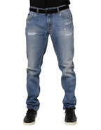 Dolce & Gabbana Blue Washed Tattered Logo Plaque Denim Jeans