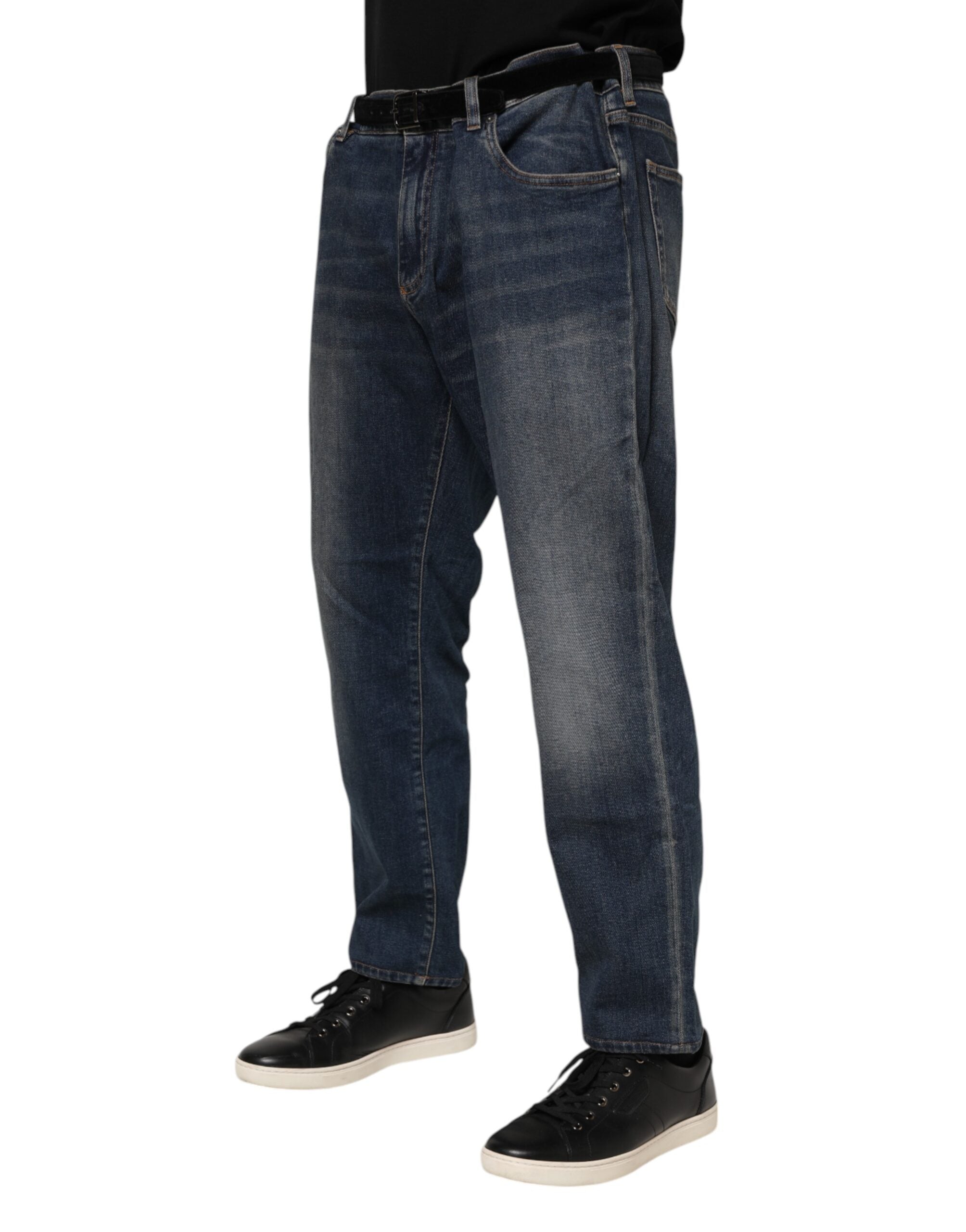 Dolce & Gabbana Blue Cotton Logo Plaque Slim Denim Jeans