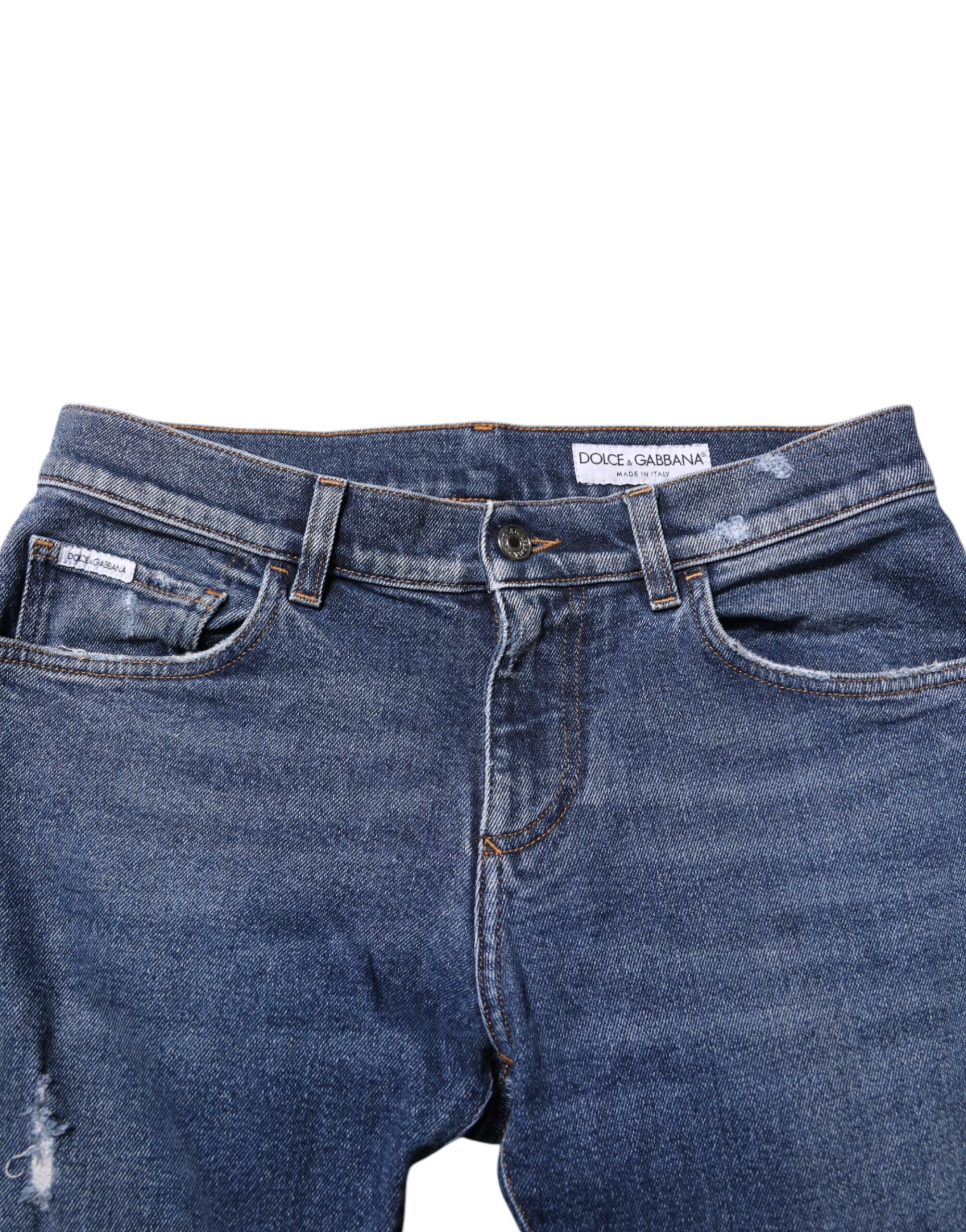 Dolce & Gabbana Blue Cotton Logo Plaque Skinny Men Denim Jeans